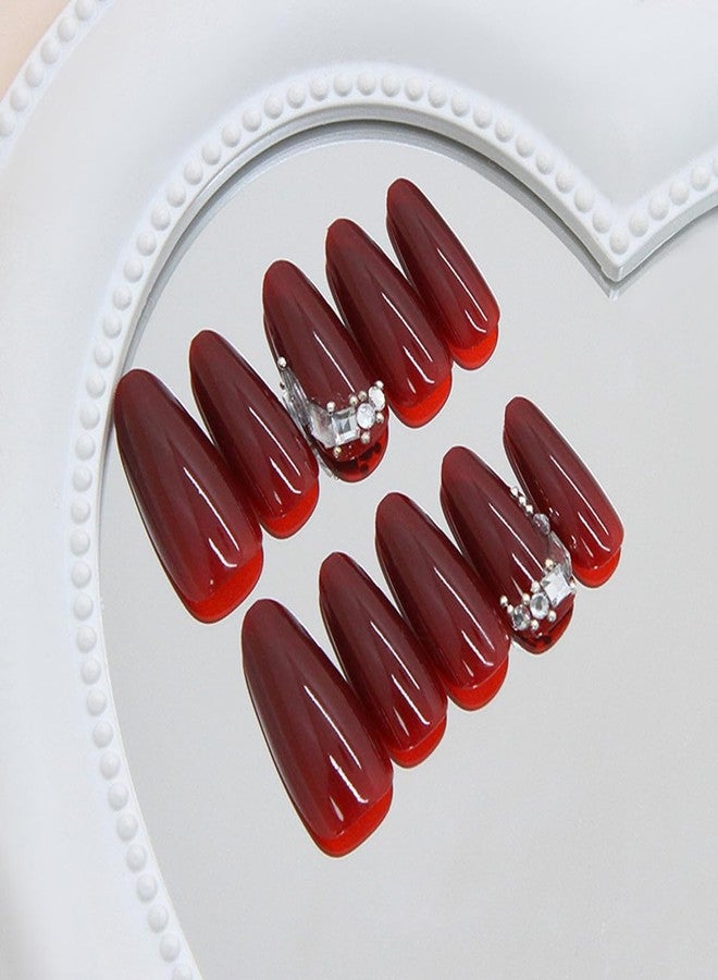 OSTTMA Dark Wine Red Press on Nails Almond Medium Fake Nails Elegant Wine Red False Nail with Diamond Rhinestones Gem Design Solid Color Acrylic Nail Reusable Glue on Nails for Women DIY Manicure,30Pcs - Image 3